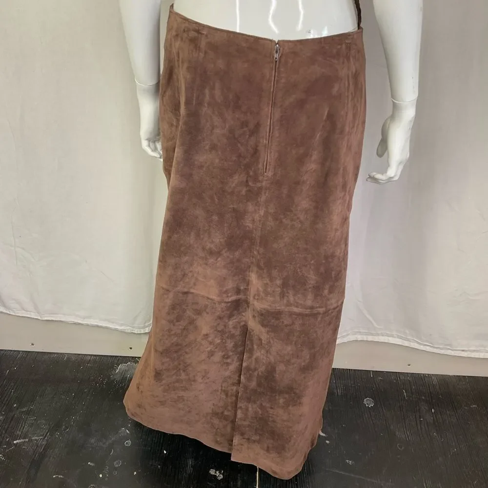 Margaret Godfrey Vintage Y2K Brown 100% Leather Suede Long Maxi Skirt Size 12